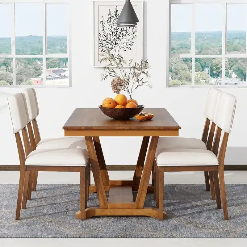 Ensemble de salle à manger rustique 5 pièces avec 4 chaises rembourrées, table à manger rectangulaire de 150 cm avec piètement tréteau