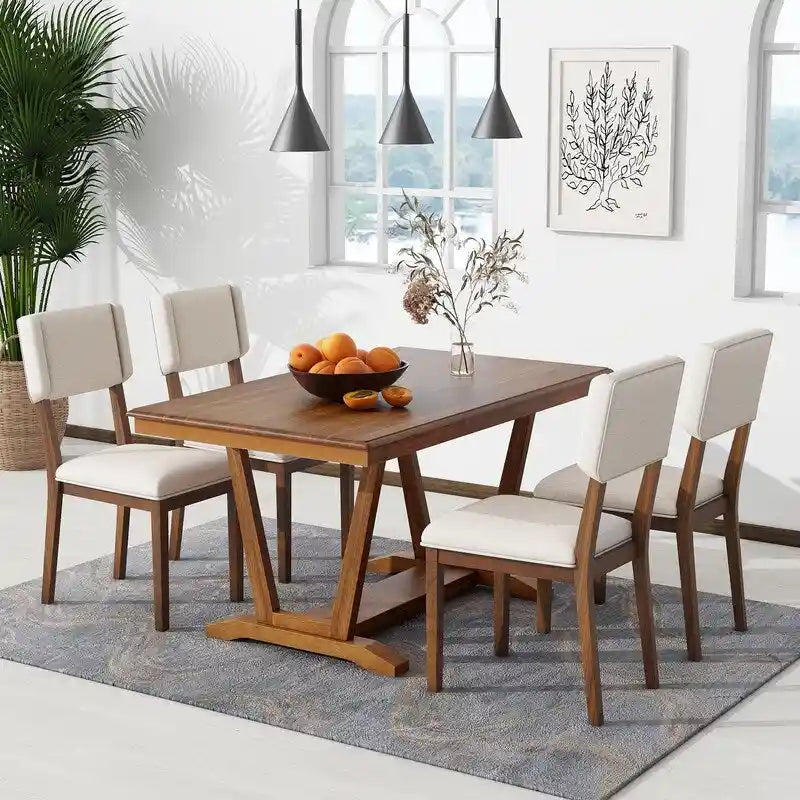 Ensemble de salle à manger rustique 5 pièces avec 4 chaises rembourrées, table à manger rectangulaire de 150 cm avec piètement tréteau