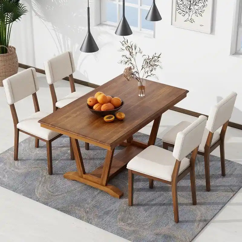 Ensemble de salle à manger rustique 5 pièces avec 4 chaises rembourrées, table à manger rectangulaire de 150 cm avec piètement tréteau