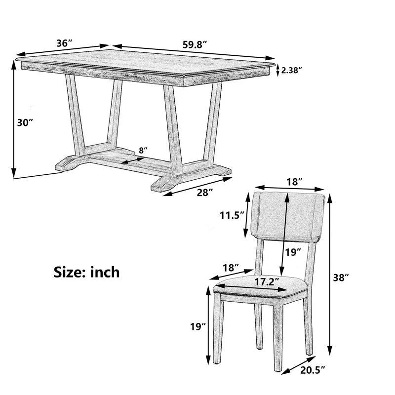 Ensemble de salle à manger rustique 5 pièces avec 4 chaises rembourrées, table à manger rectangulaire de 150 cm avec piètement tréteau