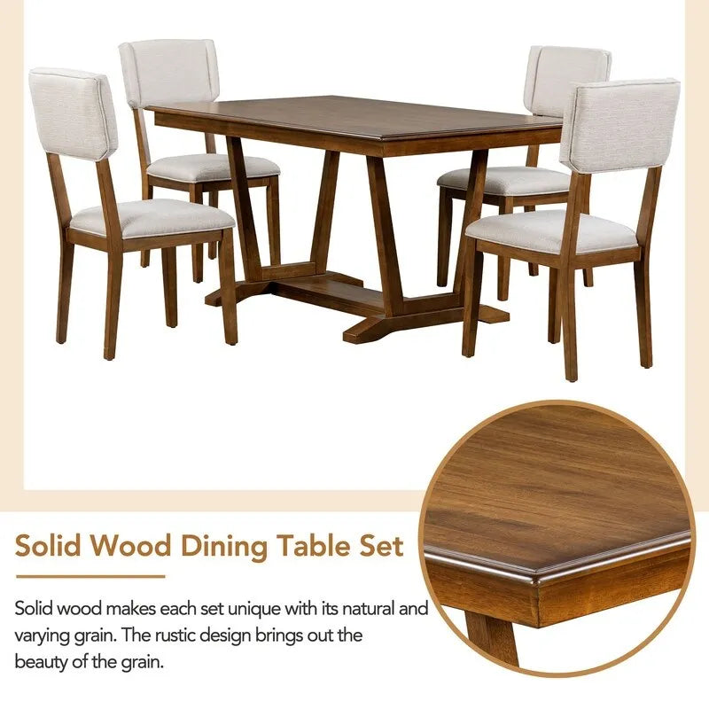 Ensemble de salle à manger rustique 5 pièces avec 4 chaises rembourrées, table à manger rectangulaire de 150 cm avec piètement tréteau