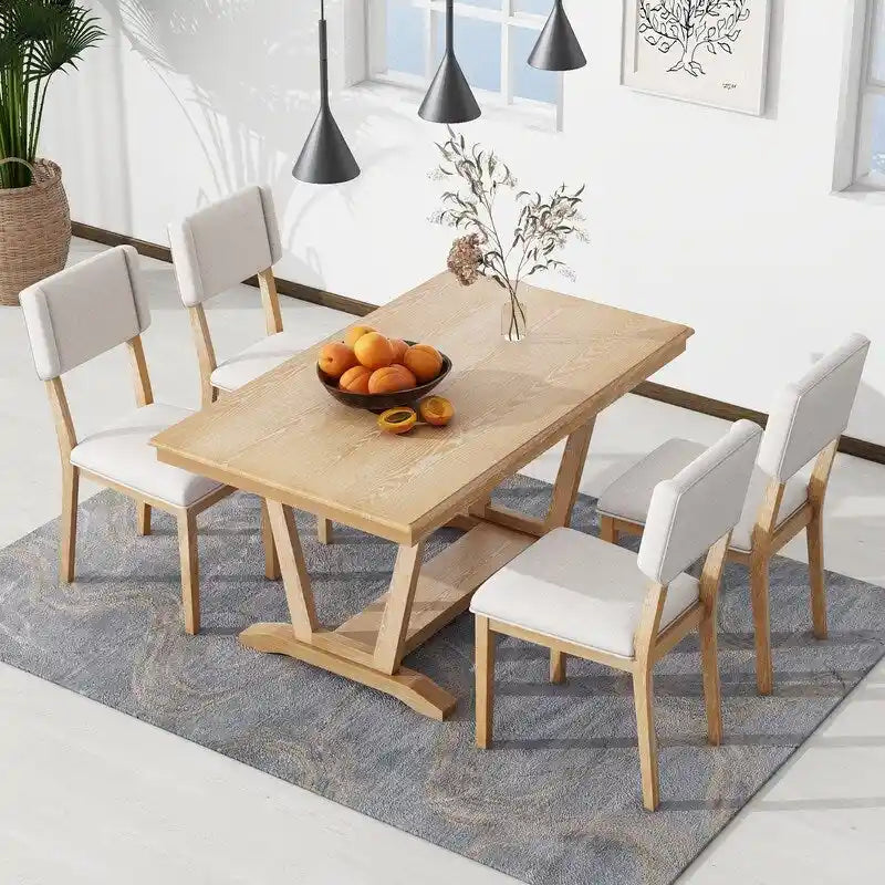 Ensemble de salle à manger rustique 5 pièces avec 4 chaises rembourrées, table à manger rectangulaire de 150 cm avec piètement tréteau