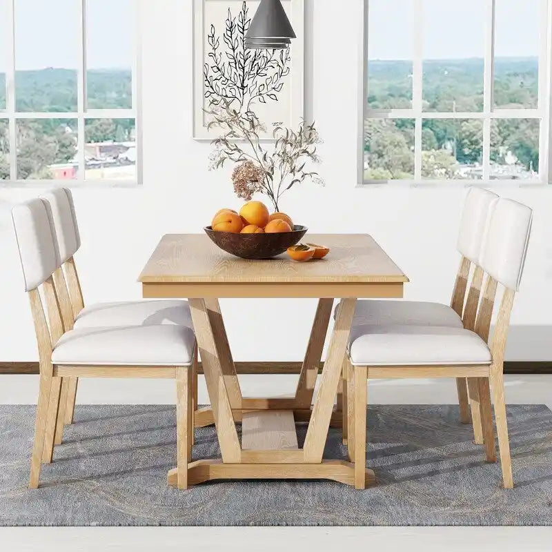 Ensemble de salle à manger rustique 5 pièces avec 4 chaises rembourrées, table à manger rectangulaire de 150 cm avec piètement tréteau