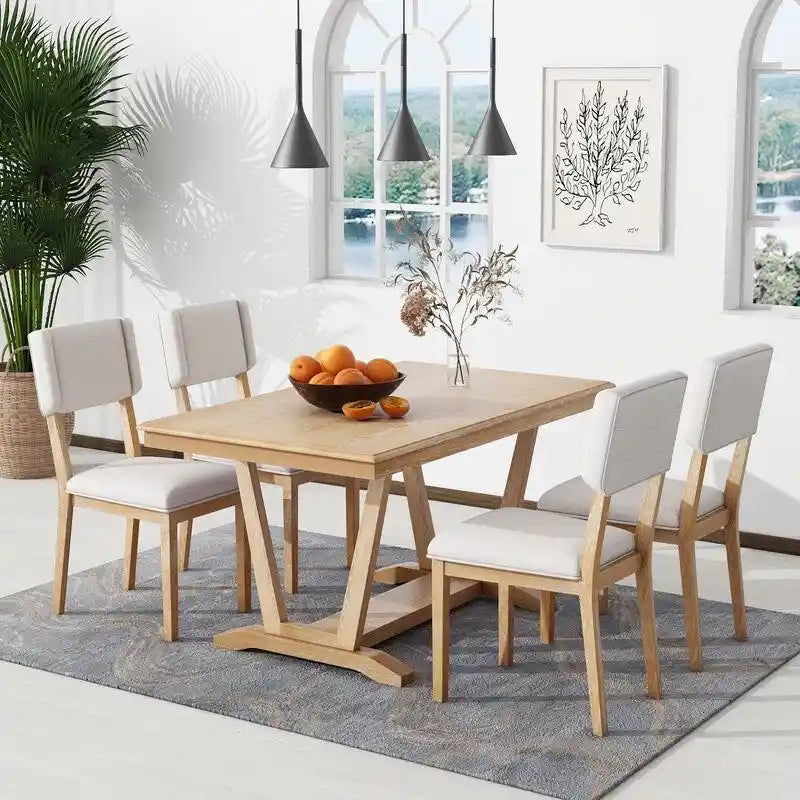 Ensemble de salle à manger rustique 5 pièces avec 4 chaises rembourrées, table à manger rectangulaire de 150 cm avec piètement tréteau