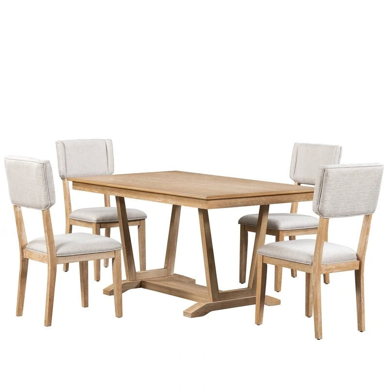 Ensemble de salle à manger rustique 5 pièces avec 4 chaises rembourrées, table à manger rectangulaire de 150 cm avec piètement tréteau