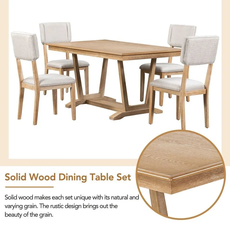 Ensemble de salle à manger rustique 5 pièces avec 4 chaises rembourrées, table à manger rectangulaire de 150 cm avec piètement tréteau