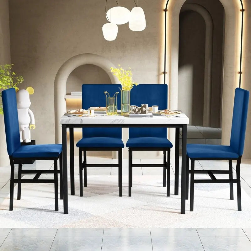 Ensemble table à manger 5 pièces pour 4 personnes, table de cuisine imitation marbre avec chaises en velours pour petits espaces, coin repas, salon