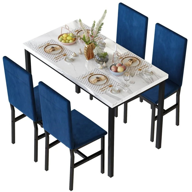 Ensemble table à manger 5 pièces pour 4 personnes, table de cuisine imitation marbre avec chaises en velours pour petits espaces, coin repas, salon