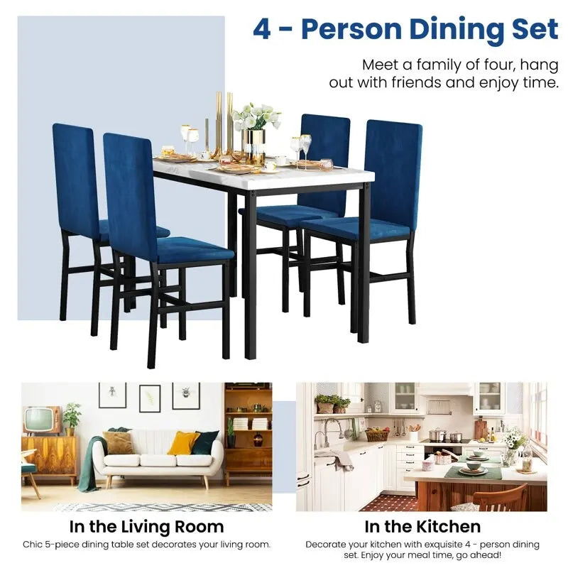 Ensemble table à manger 5 pièces pour 4 personnes, table de cuisine imitation marbre avec chaises en velours pour petits espaces, coin repas, salon