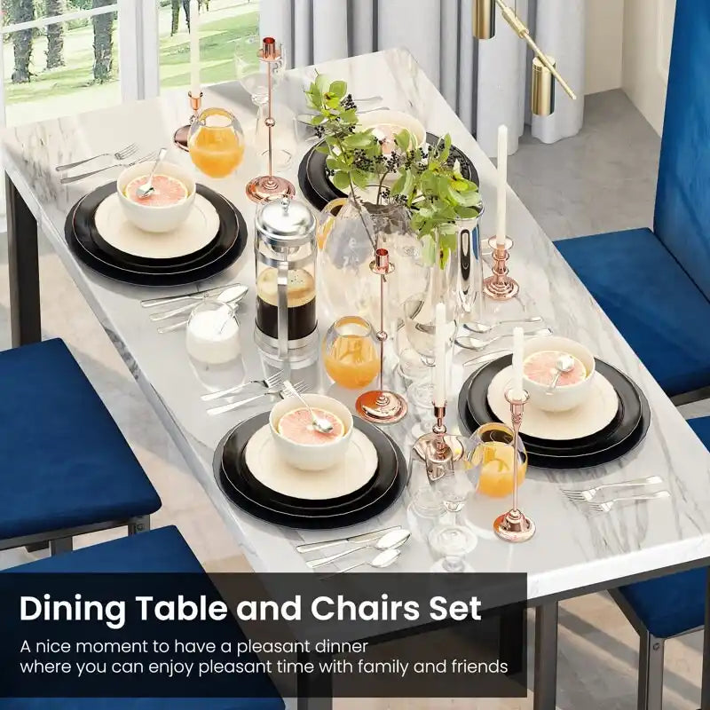 Ensemble table à manger 5 pièces pour 4 personnes, table de cuisine imitation marbre avec chaises en velours pour petits espaces, coin repas, salon