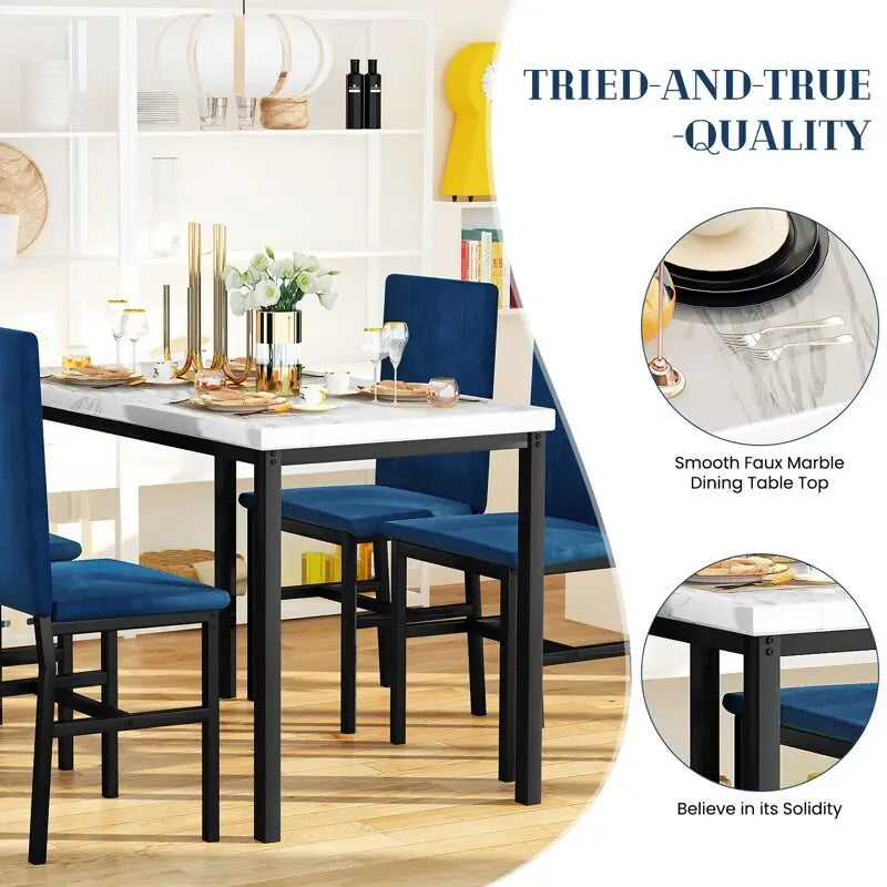 Ensemble table à manger 5 pièces pour 4 personnes, table de cuisine imitation marbre avec chaises en velours pour petits espaces, coin repas, salon