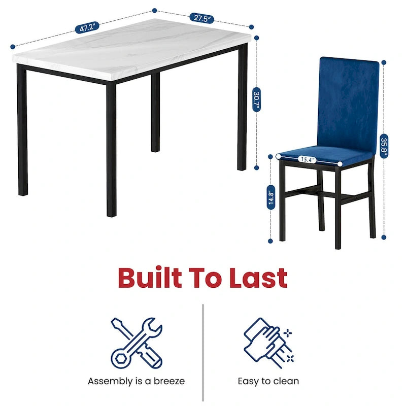 Ensemble table à manger 5 pièces pour 4 personnes, table de cuisine imitation marbre avec chaises en velours pour petits espaces, coin repas, salon