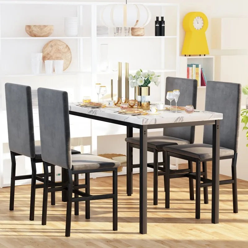 Ensemble table à manger 5 pièces pour 4 personnes, table de cuisine imitation marbre avec chaises en velours pour petits espaces, coin repas, salon