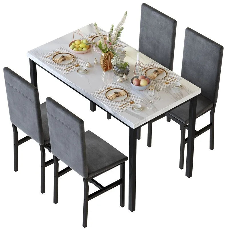 Ensemble table à manger 5 pièces pour 4 personnes, table de cuisine imitation marbre avec chaises en velours pour petits espaces, coin repas, salon