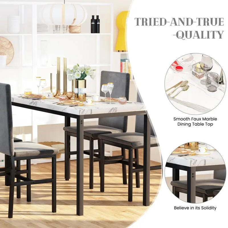 Ensemble table à manger 5 pièces pour 4 personnes, table de cuisine imitation marbre avec chaises en velours pour petits espaces, coin repas, salon