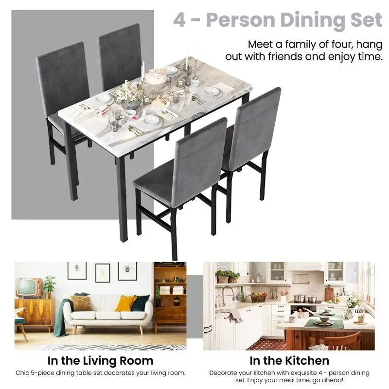 Ensemble table à manger 5 pièces pour 4 personnes, table de cuisine imitation marbre avec chaises en velours pour petits espaces, coin repas, salon