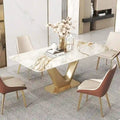 Table à manger rectangulaire moderne 71 places pour 6, plateau en pierre frittée blanche brillante avec pieds en acier inoxydable doré