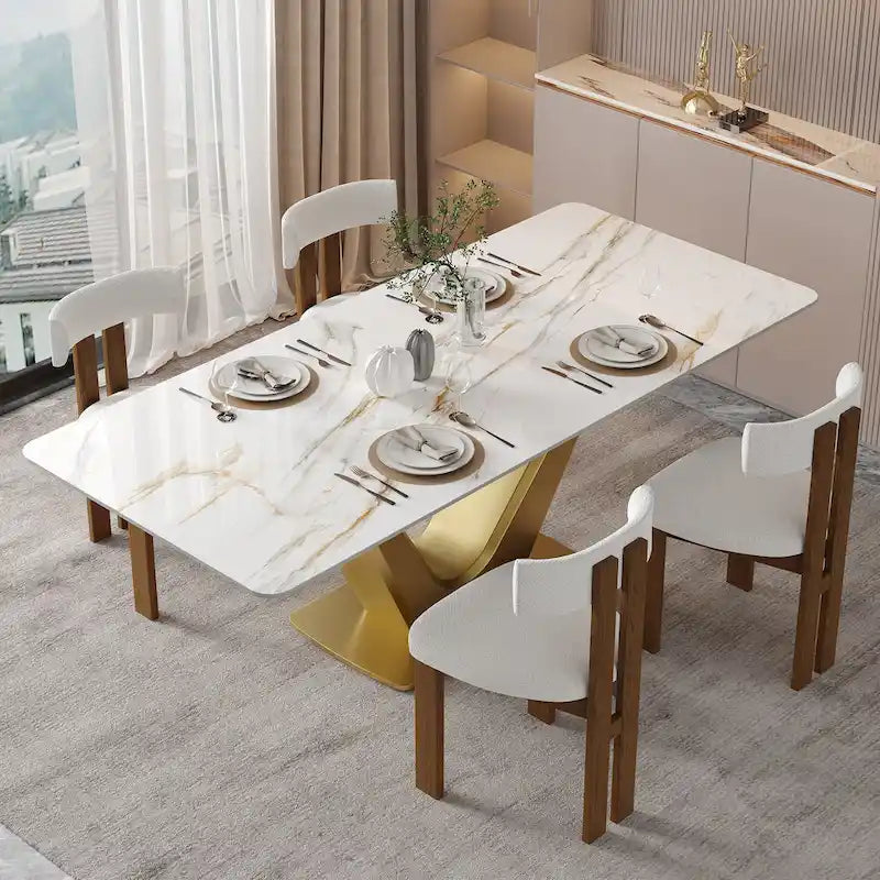 Table à manger rectangulaire moderne 71 places pour 6, plateau en pierre frittée blanche brillante avec pieds en acier inoxydable doré