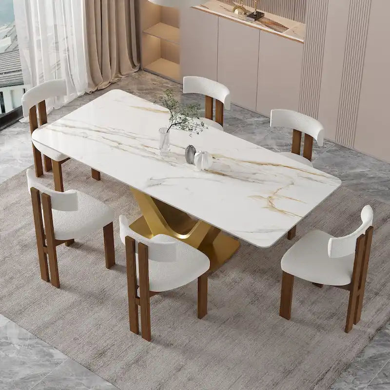 Table à manger rectangulaire moderne 71 places pour 6, plateau en pierre frittée blanche brillante avec pieds en acier inoxydable doré