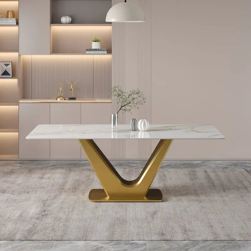 Table à manger rectangulaire moderne 71 places pour 6, plateau en pierre frittée blanche brillante avec pieds en acier inoxydable doré