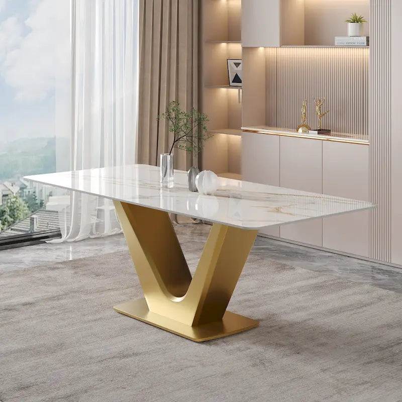 Table à manger rectangulaire moderne 71 places pour 6, plateau en pierre frittée blanche brillante avec pieds en acier inoxydable doré
