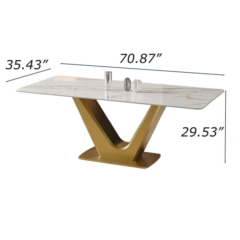 Table à manger rectangulaire moderne 71 places pour 6, plateau en pierre frittée blanche brillante avec pieds en acier inoxydable doré