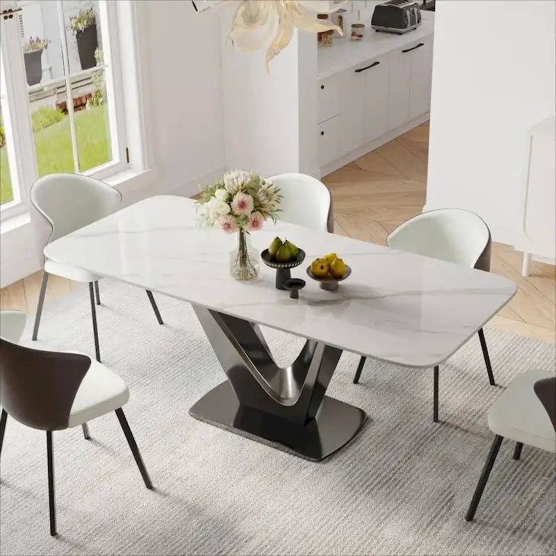 Table à manger rectangulaire moderne 71 places pour 6, plateau en pierre frittée blanche brillante avec pieds en acier inoxydable doré