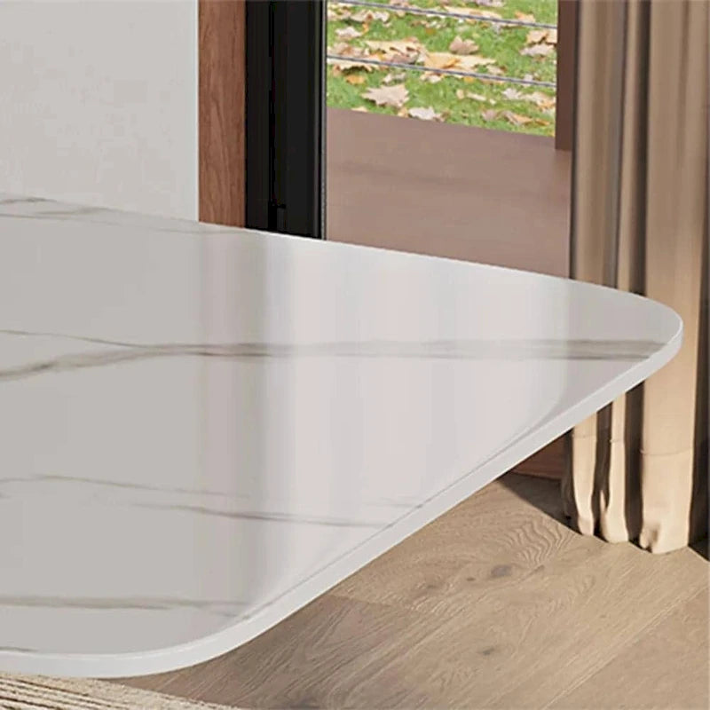 Table à manger rectangulaire moderne 71 places pour 6, plateau en pierre frittée blanche brillante avec pieds en acier inoxydable doré