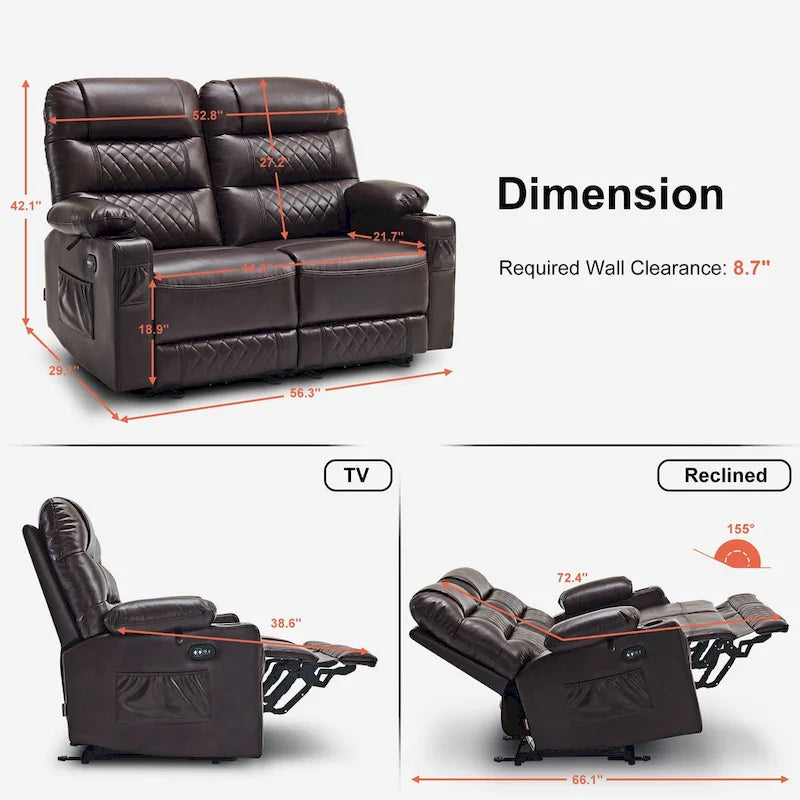 MCombo Causeuse inclinable électrique, Canapé inclinable électrique avec chauffage et vibrations, Ports USB, Porte-gobelets PR622
