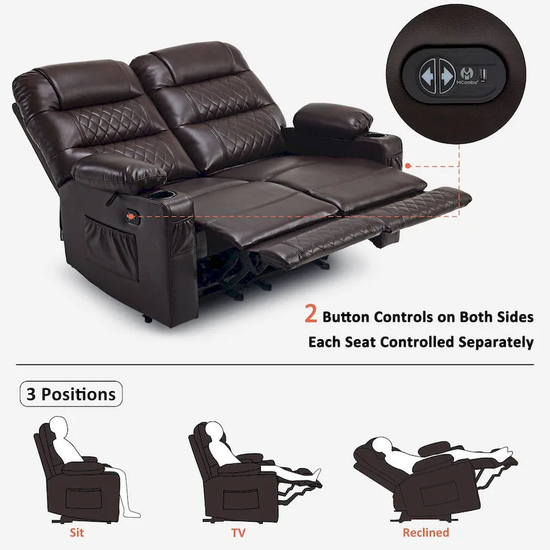 MCombo Causeuse inclinable électrique, Canapé inclinable électrique avec chauffage et vibrations, Ports USB, Porte-gobelets PR622