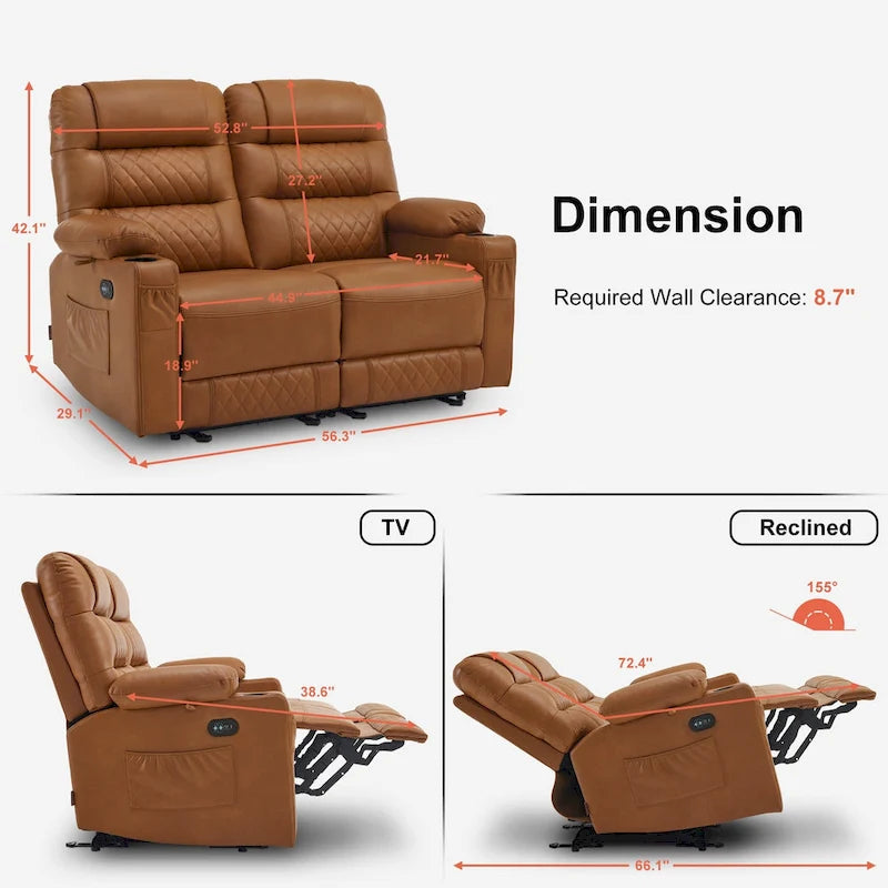 MCombo Causeuse inclinable électrique, Canapé inclinable électrique avec chauffage et vibrations, Ports USB, Porte-gobelets PR622
