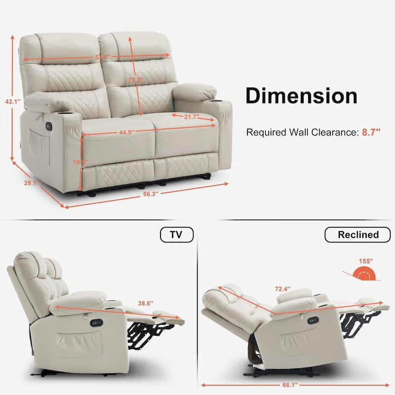 MCombo Causeuse inclinable électrique, Canapé inclinable électrique avec chauffage et vibrations, Ports USB, Porte-gobelets PR622