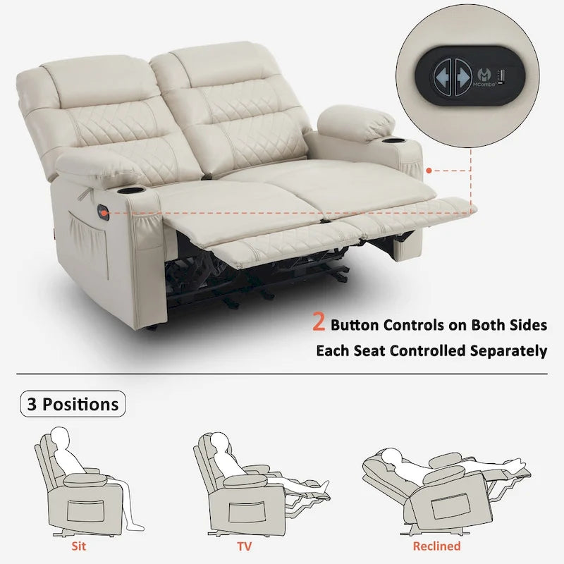 MCombo Causeuse inclinable électrique, Canapé inclinable électrique avec chauffage et vibrations, Ports USB, Porte-gobelets PR622