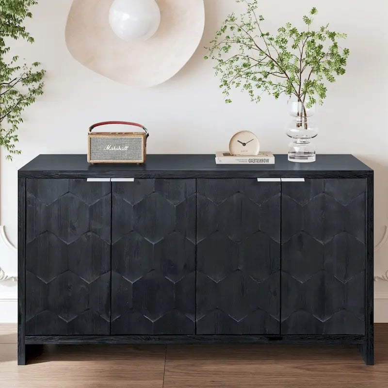 Buffet de salle à manger 60 po noir antique de style rustique, meuble de rangement avec 4 portes en bois