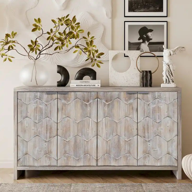 Buffet de salle à manger 60 po noir antique de style rustique, meuble de rangement avec 4 portes en bois
