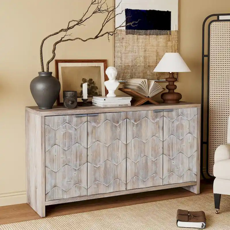 Buffet de salle à manger 60 po noir antique de style rustique, meuble de rangement avec 4 portes en bois