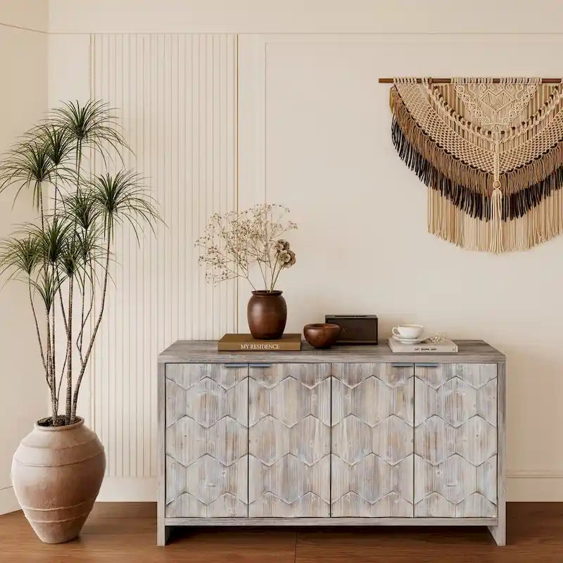 Buffet de salle à manger 60 po noir antique de style rustique, meuble de rangement avec 4 portes en bois