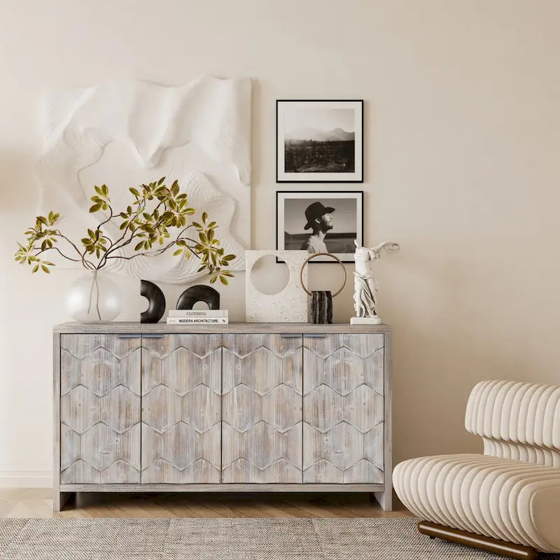Buffet de salle à manger 60 po noir antique de style rustique, meuble de rangement avec 4 portes en bois