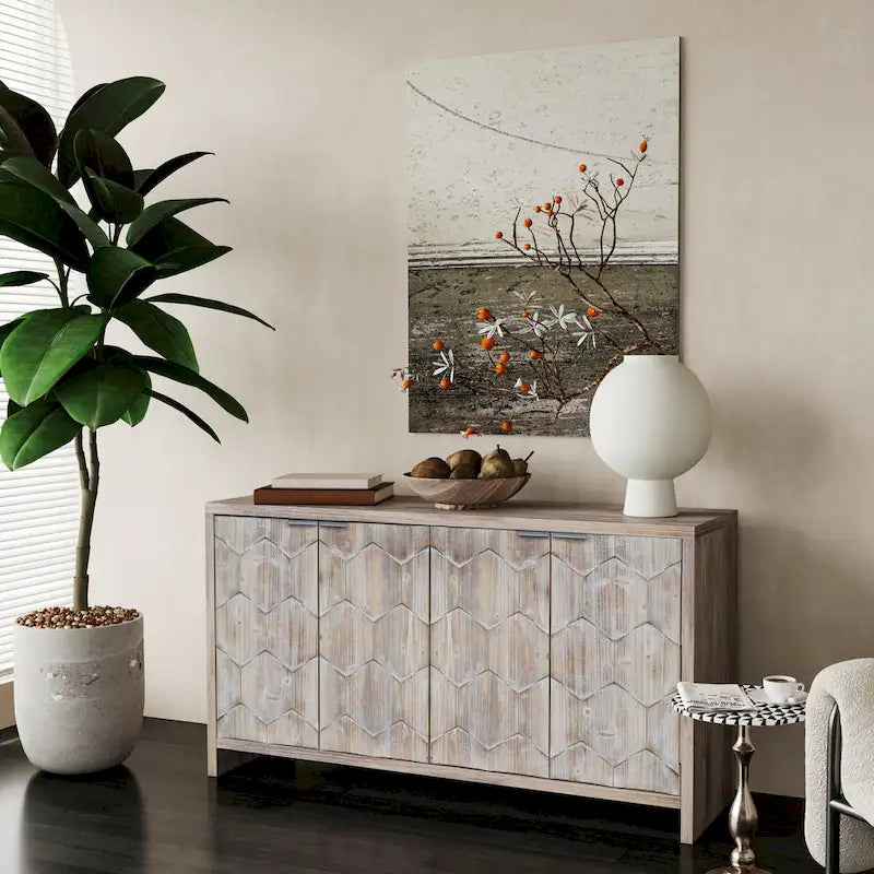Buffet de salle à manger 60 po noir antique de style rustique, meuble de rangement avec 4 portes en bois