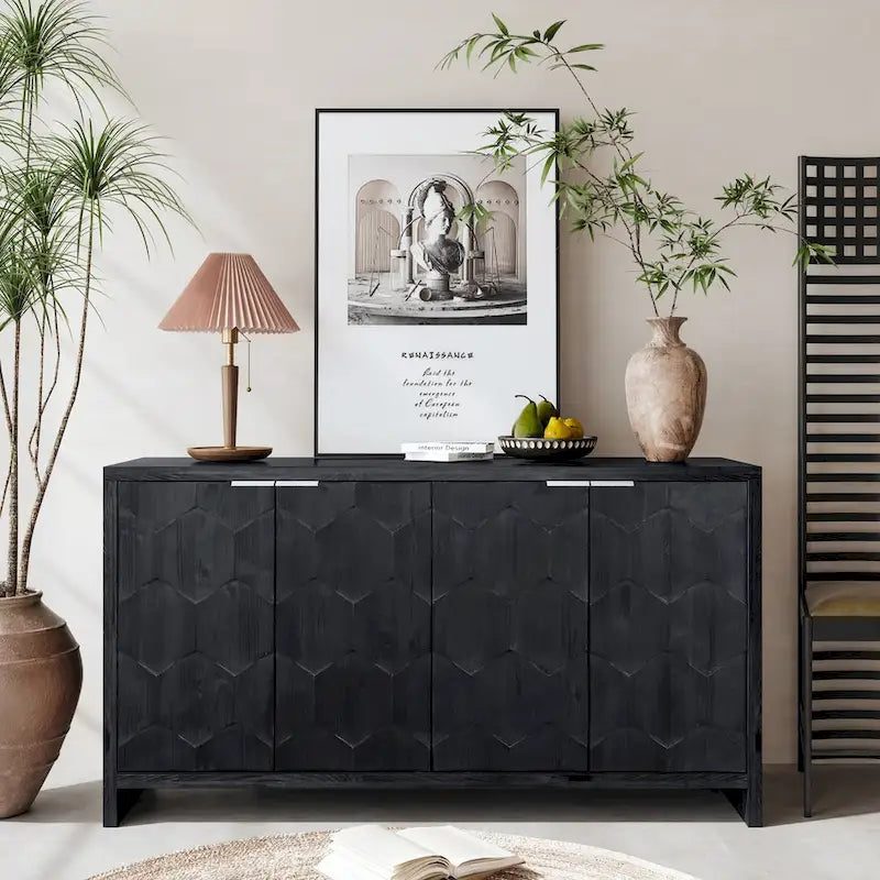 Buffet de salle à manger 60 po noir antique de style rustique, meuble de rangement avec 4 portes en bois