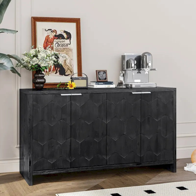 Buffet de salle à manger 60 po noir antique de style rustique, meuble de rangement avec 4 portes en bois