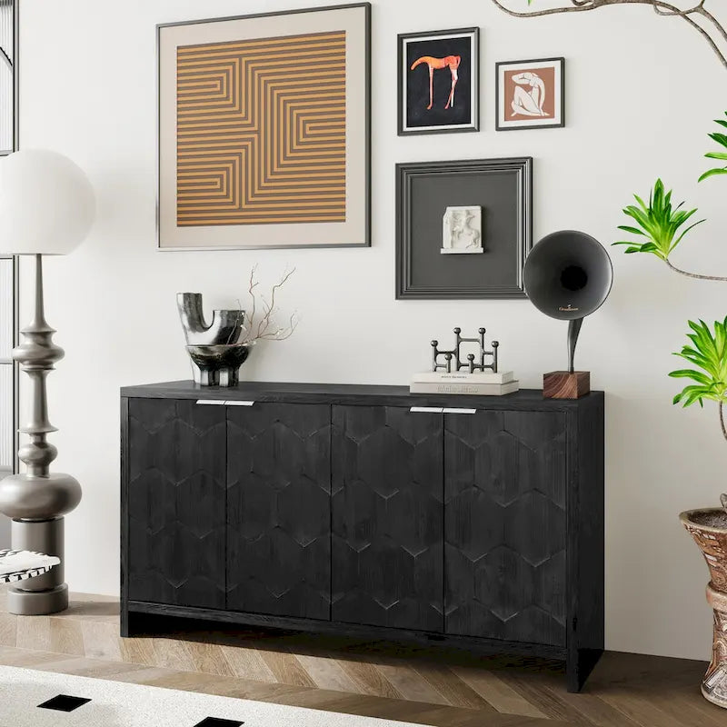 Buffet de salle à manger 60 po noir antique de style rustique, meuble de rangement avec 4 portes en bois