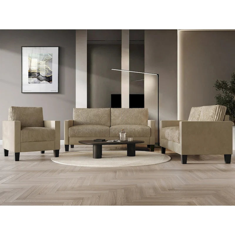 Ensemble de salon 3 pièces en velours côtelé, style moderne du milieu du siècle, par CraftPorch