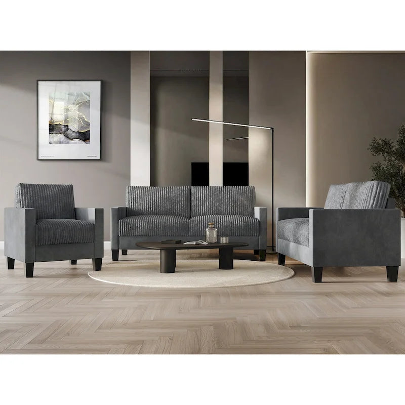 Ensemble de salon 3 pièces en velours côtelé, style moderne du milieu du siècle, par CraftPorch