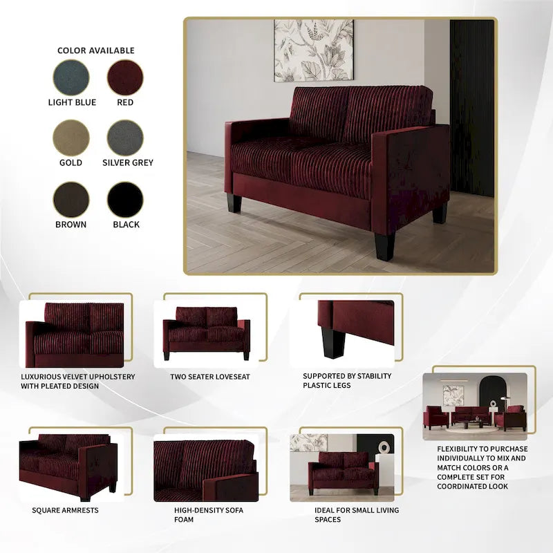 Ensemble de salon 3 pièces en velours côtelé, style moderne du milieu du siècle, par CraftPorch