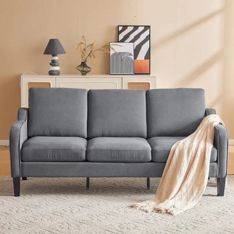 Canapé 3 places Erommy, canapé de 183 cm pour salon, canapé moderne en tissu avec 4 pieds en bois, 2 tiges de support en métal pour chambre à coucher