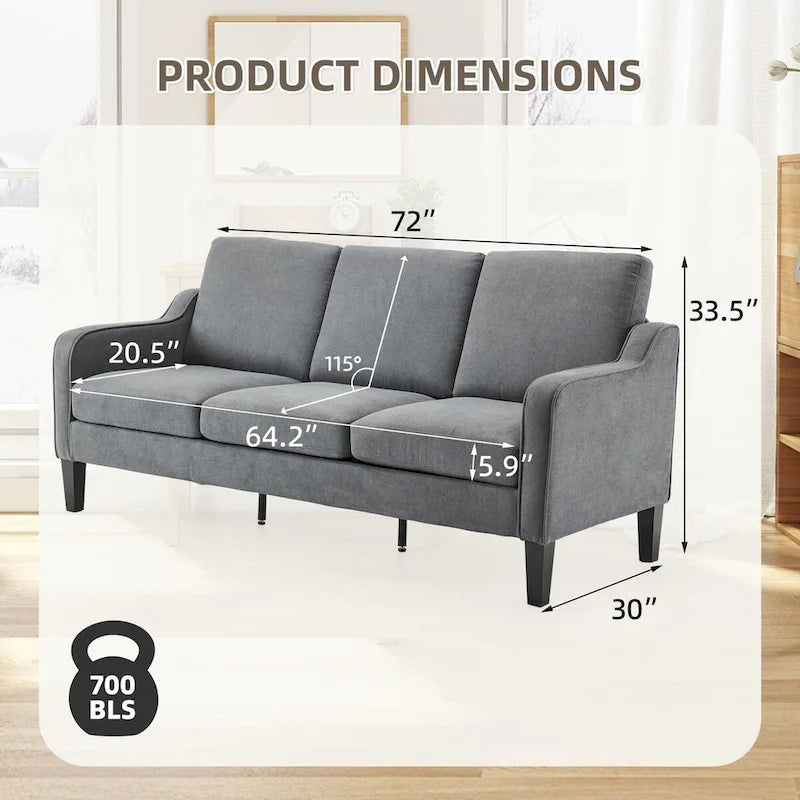 Canapé 3 places Erommy, canapé de 183 cm pour salon, canapé moderne en tissu avec 4 pieds en bois, 2 tiges de support en métal pour chambre à coucher