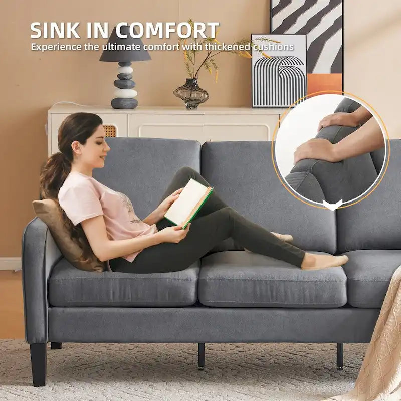 Canapé 3 places Erommy, canapé de 183 cm pour salon, canapé moderne en tissu avec 4 pieds en bois, 2 tiges de support en métal pour chambre à coucher