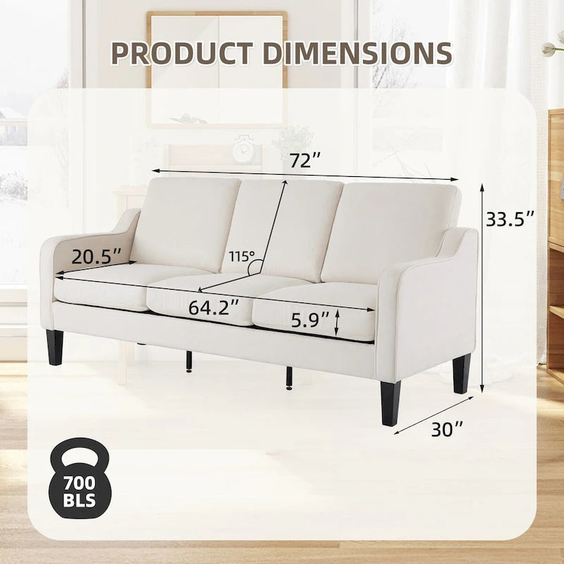 Canapé 3 places Erommy, canapé de 183 cm pour salon, canapé moderne en tissu avec 4 pieds en bois, 2 tiges de support en métal pour chambre à coucher
