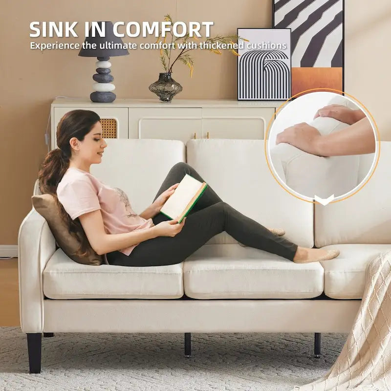 Canapé 3 places Erommy, canapé de 183 cm pour salon, canapé moderne en tissu avec 4 pieds en bois, 2 tiges de support en métal pour chambre à coucher